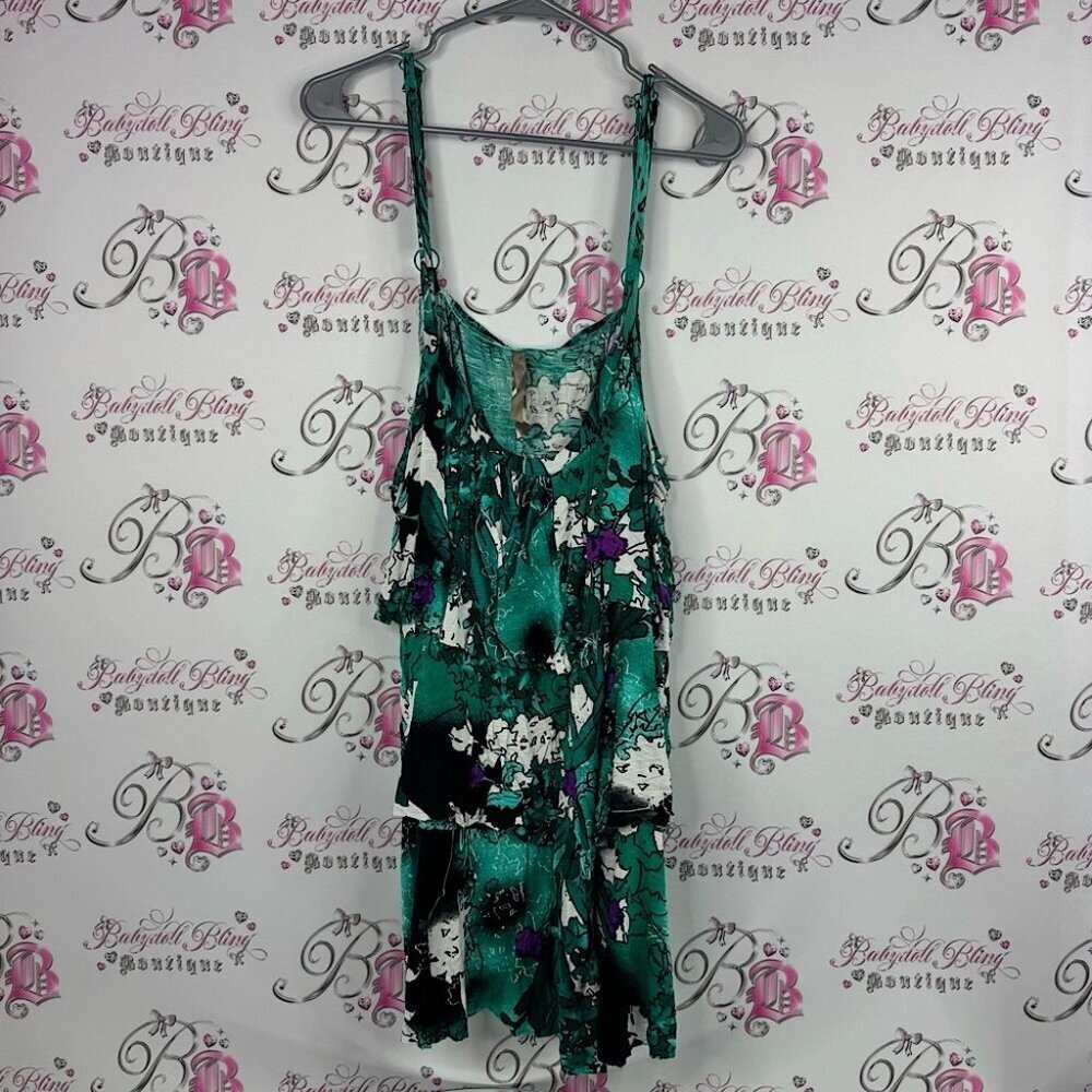 Floral Green Black Sleeveless mini dress tank top ruffle tiered frilly tropical